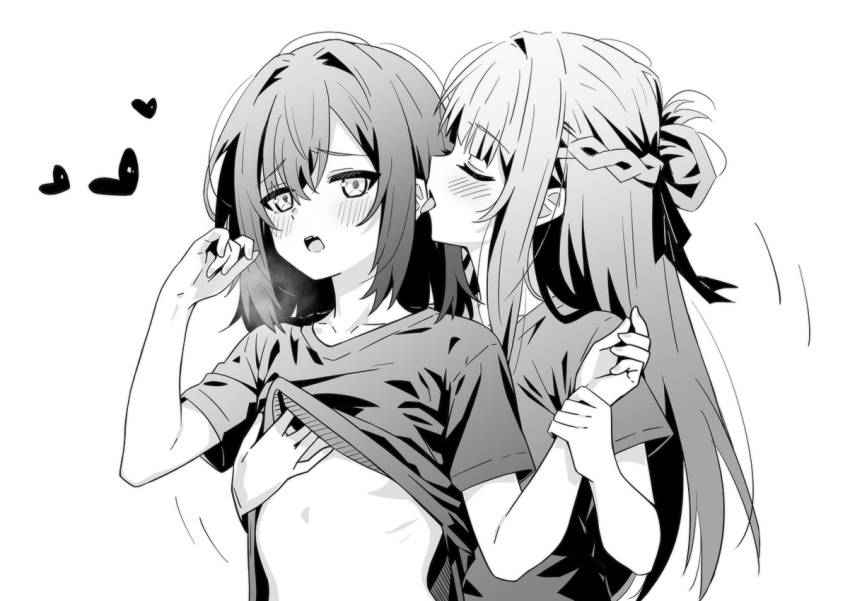 2girls blush braid closed_eyes clothes_lift commentary fang french_braid grabbing grabbing_another's_breast greyscale hand_on_another's_wrist hands_up heart licking licking_ear long_hair lwmina70119 medium_hair miyagi_shiori monochrome multiple_girls open_mouth sendai_hazuki shirt_lift short_sleeves shuuniichido_classmate_wo_kau_hanashi skin_fang upper_body yuri