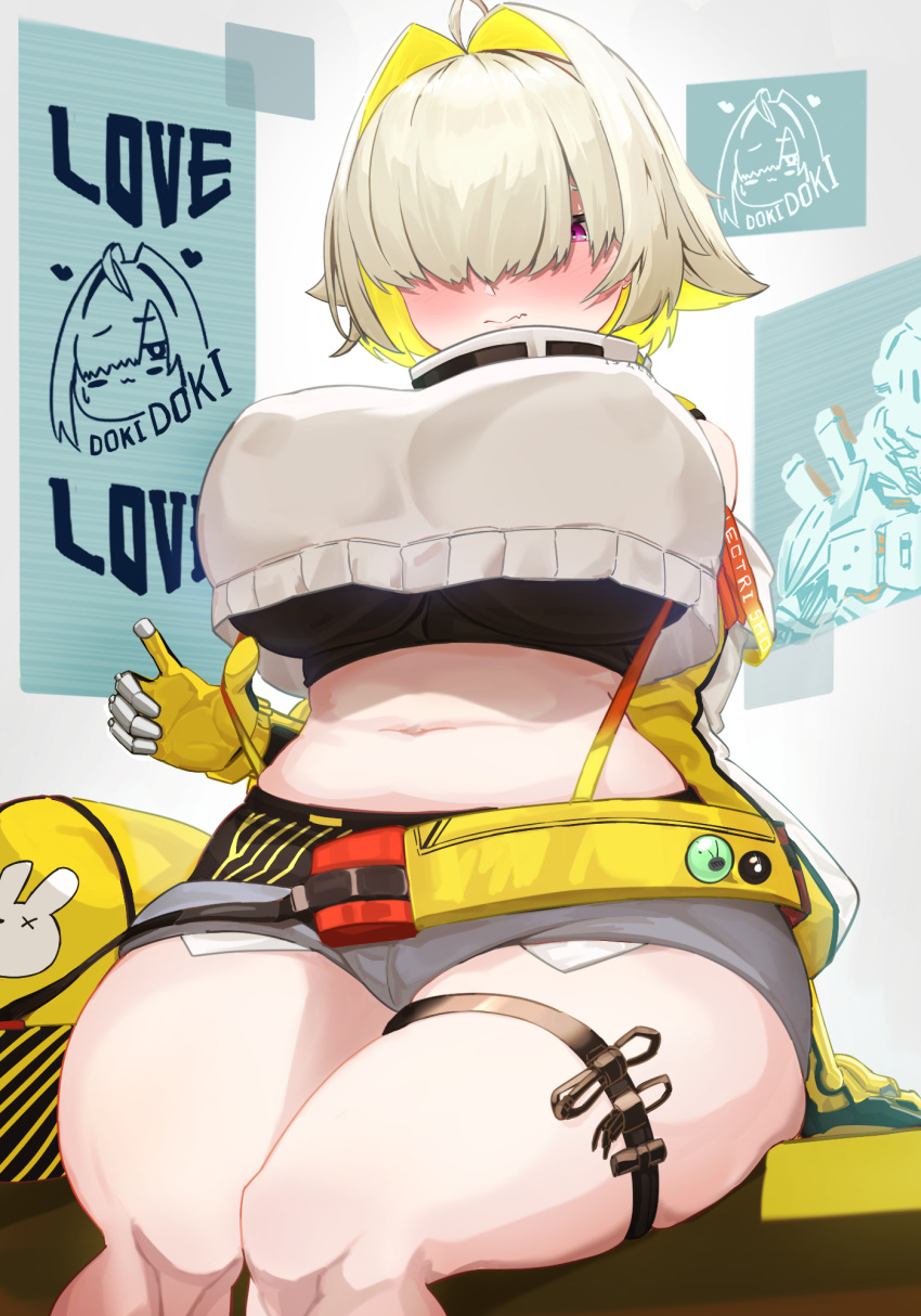 1girl ahoge bag bare_shoulders belt black_sports_bra blonde_hair blush breasts closed_mouth clothing_cutout commentary_request covered_nipples crop_top crop_top_overhang cropped_sweater elegg_(nikke) exposed_pocket eyes_visible_through_hair fang gauntlets gloves goddess_of_victory:_nikke grey_shorts hair_intakes hair_over_eyes highres hizakake huge_breasts long_sleeves looking_at_viewer midriff multicolored_clothes multicolored_gloves multicolored_hair navel purple_eyes short_hair shorts shoulder_cutout sidelocks sitting skin_fang skindentation solo sports_bra suspender_shorts suspenders sweater thick_thighs thigh_strap thighs two-tone_hair utility_belt white_sweater
