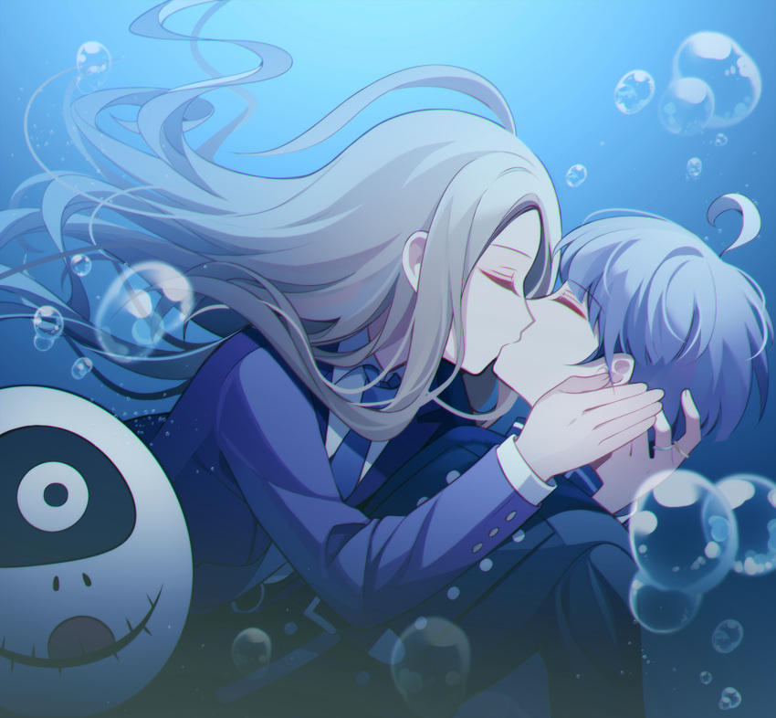 2boys ahoge air_bubble blonde_hair blue_background blue_jacket blue_necktie bubble closed_eyes collared_shirt commentary_request face-to-face facing_another hand_on_another's_cheek hand_on_another's_face highres jacket kiss long_hair long_sleeves makoto_kagutsuchi male_focus mask master_detective_archives:_rain_code multiple_boys necktie purple_hair purple_jacket qiao_xing shirt short_hair spoilers submerged underwater unworn_mask upper_body water white_shirt yaoi yuma_kokohead