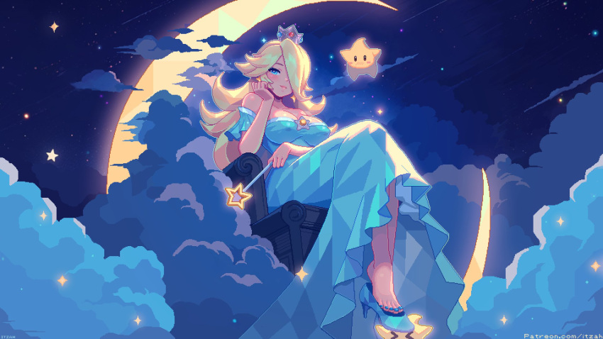 aqua_dress bare_shoulders barefoot blonde_hair blue_eyes blush breasts cleavage covered_nipples crescent_moon crown dress feet hair_over_one_eye hand_on_own_face high_heels highres holding holding_wand itzah lips long_hair looking_at_viewer luma_(mario) mario_(series) moon nail_polish night pixel_art rosalina sitting strapless strapless_dress super_mario_galaxy toenail_polish toenails toes wand