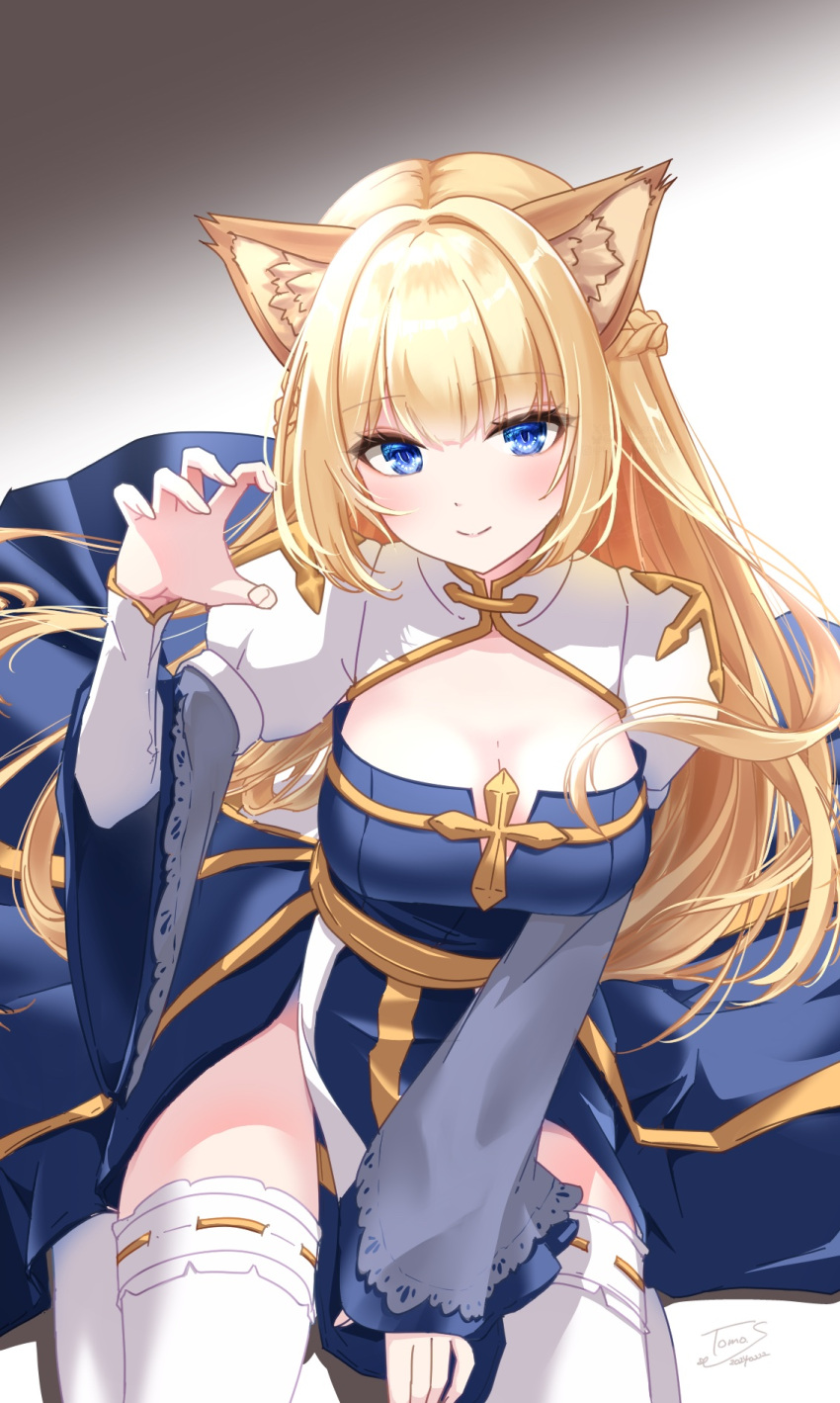 1girl animal_ear_fluff animal_ears arch_bishop_(ragnarok_online) blonde_hair blue_dress blue_eyes blush breasts cat_day cat_ears claw_pose cleavage cleavage_cutout closed_mouth clothing_cutout commentary cross dress highres juliet_sleeves large_breasts long_hair long_sleeves looking_at_viewer medium_bangs pelvic_curtain puffy_sleeves ragnarok_online ribbon-trimmed_thighhighs sash smile solo thighhighs tomo-graphy two-tone_dress very_long_hair white_dress white_thighhighs yellow_sash