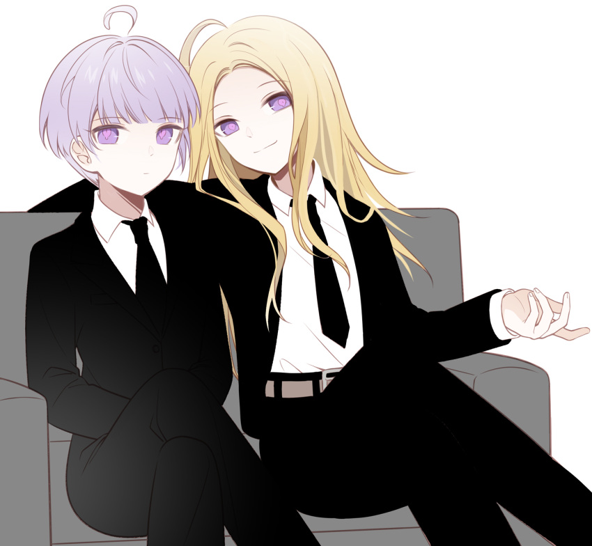 2boys ahoge alternate_costume black_jacket black_necktie black_pants black_suit blonde_hair closed_mouth collared_shirt couch crossed_legs feet_out_of_frame formal highres jacket long_hair long_sleeves looking_at_viewer makoto_kagutsuchi male_focus master_detective_archives:_rain_code multiple_boys necktie on_couch pants purple_eyes purple_hair qiao_xing shirt short_hair simple_background sitting smile spoilers suit white_background white_shirt yuma_kokohead