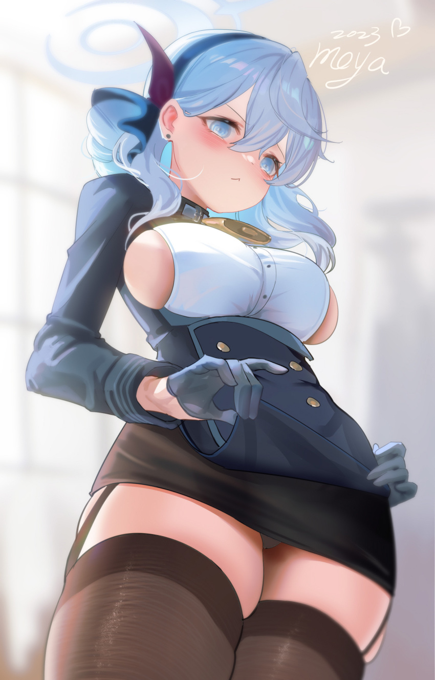 1girl absurdres ako_(blue_archive) black_hairband black_skirt black_thighhighs blue_archive blue_eyes blue_hair blue_halo blue_jacket blush breasts closed_mouth cowboy_shot fh_moya from_below hair_between_eyes hairband halo highres jacket large_breasts long_hair long_sleeves panties shirt sideboob signature skirt solo thighhighs underwear white_panties white_shirt