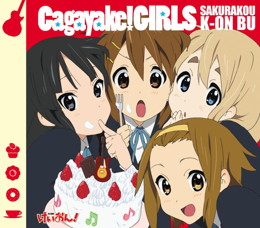 4girls akiyama_mio album_cover beamed_eighth_notes brown_hair cake copyright_name cover cup doughnut eighth_note electric_guitar food food_on_face fork fruit guitar hirasawa_yui horiguchi_yukiko instrument k-on! kotobuki_tsumugi looking_at_viewer multiple_girls musical_note official_art open_mouth pastry plate sauce strawberry tainaka_ritsu teacup