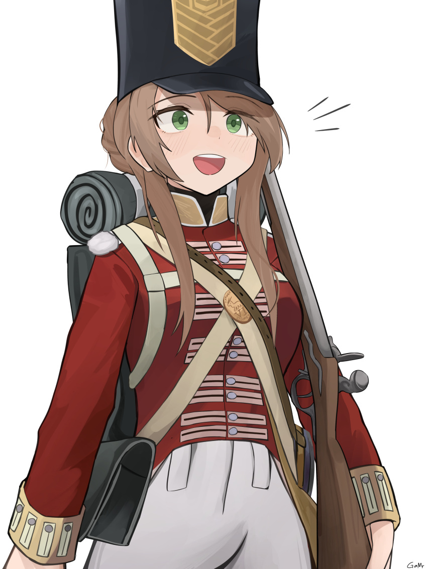 1girl absurdres ammunition_pouch artist_name backpack bag black_headwear blush bolt_action brown_hair coat collared_coat commentary cowboy_shot criss-cross_straps england english_commentary gamryous girls'_frontline green_eyes gun hair_between_eyes hair_knot hair_over_shoulder hat highres holding holding_gun holding_weapon lee-enfield lee-enfield_(girls'_frontline) long_hair military_uniform open_mouth pants pouch red_coat rifle shako_cap shoulder_pouch sidelocks signature simple_background sleeping_bag smile solo strap teeth uniform united_kingdom upper_teeth_only weapon white_background white_pants