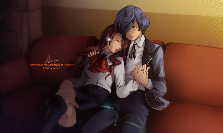 1boy 1girl absurdres akiramiyaa artist_name bedroom blue_hair commentary commission couch couple english_commentary head_rest headphones hetero highres holding_hands kirijou_mitsuru persona persona_3 persona_3_reload red_hair school_uniform signature yuuki_makoto_(persona_3)