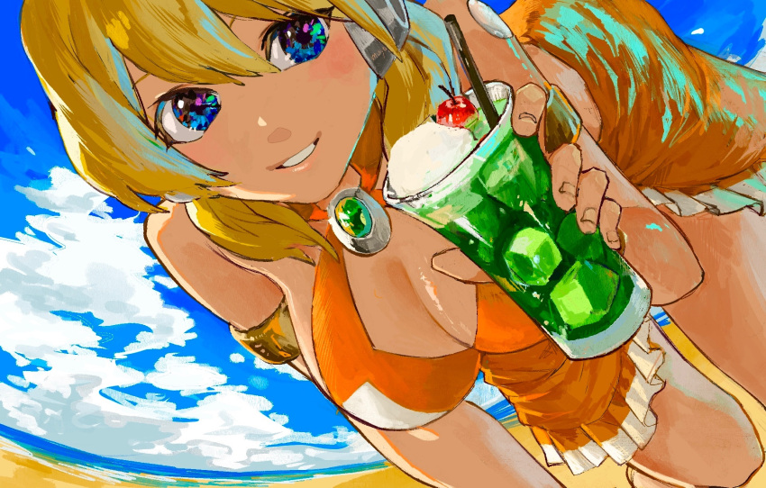 1girl alia_(mega_man) beach blonde_hair blue_eyes breasts cairngorm999 cleavage cloud cup drinking_glass highres large_breasts looking_at_viewer medium_hair mega_man_(series) mega_man_x_(series) ocean one-piece_swimsuit orange_one-piece_swimsuit robot_ears sky solo swimsuit