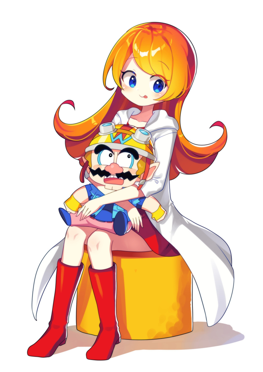 1boy 1girl absurdres big_nose blue_eyes coat facial_hair fingerless_gloves gloves goggles goggles_on_headwear helmet highres long_hair mona_(warioware) mustache offbeat open_mouth orange_hair pants pink_pants pointy_ears red_footwear simple_background sitting smile thick_eyebrows tongue tongue_out wario warioware white_background white_coat yellow_gloves