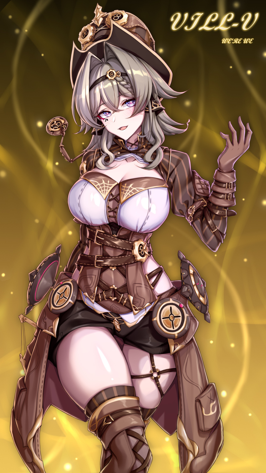 1girl absurdres belt black_shorts boots breasts brown_gloves brown_hair cleavage cowboy_shot gears gloves hat highres honkai_(series) honkai_impact_3rd large_breasts light_blush looking_at_viewer medium_hair purple_eyes ruo_zhishi_chu_jian shorts solo steampunk tagme thigh_boots too_many_belts top_hat underbust vill-v