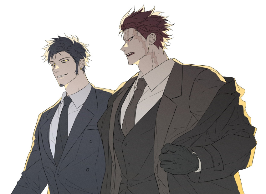 2boys black_gloves black_hair black_jacket black_necktie buttons coat earrings eustass_kid facial_hair formal gloves goatee highres jacket jewelry korean_commentary long_sleeves looking_at_another male_focus multiple_boys muscular muscular_male necktie one_piece op_chestnut red_eyes scar scar_on_face shirt short_hair smile suit teeth trafalgar_law vest white_background white_shirt yaoi yellow_eyes