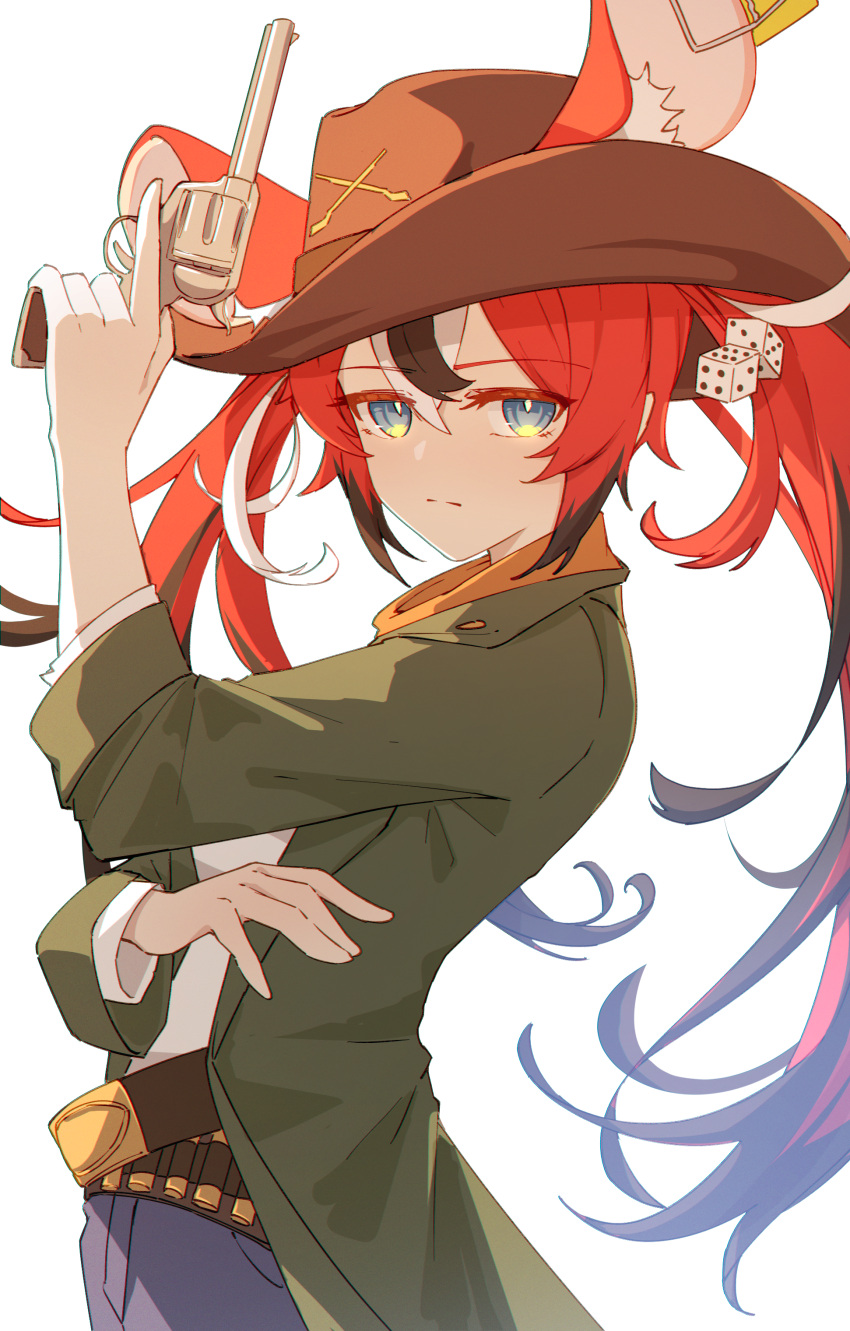 1girl absurdres animal_ears bandolier black_hair blue_eyes commentary cowboy cowboy_hat cowboy_western dice english_commentary gun hair_ornament hakos_baelz hat highres hololive hololive_english jl_tan mouse_ears mouse_girl multicolored_hair red_hair revolver streaked_hair virtual_youtuber weapon white_hair