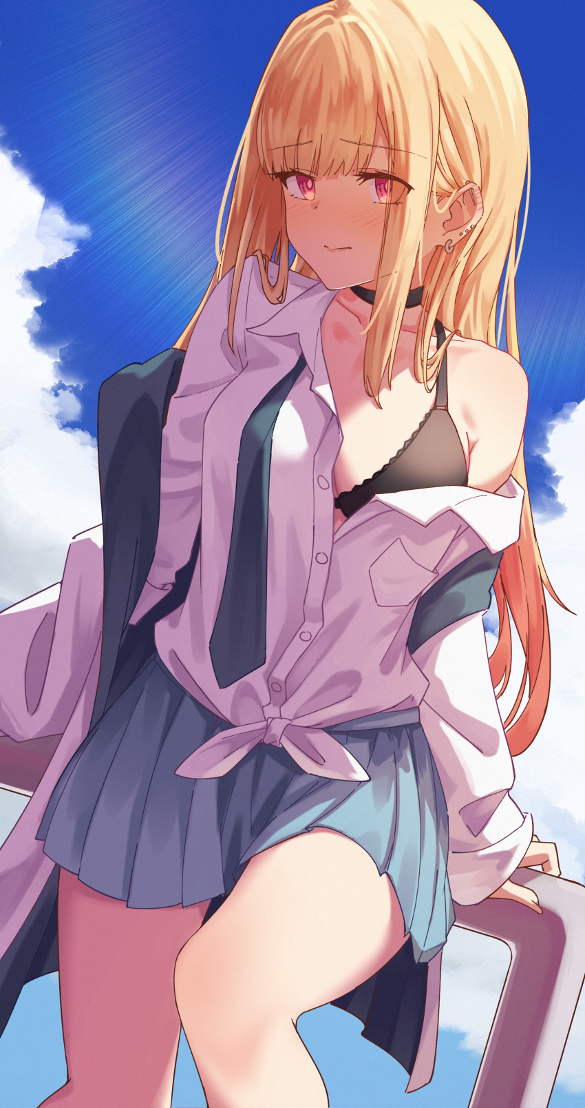 1girl absurdres barbell_piercing black_bra black_choker blonde_hair blue_skirt blue_sky blush bra breasts choker closed_mouth cloud commentary ear_blush ear_piercing highres industrial_piercing jl_tan kitagawa_marin long_hair long_sleeves looking_at_viewer medium_breasts miniskirt off_shoulder outdoors partially_unbuttoned piercing pleated_skirt red_eyes school_uniform shirt single_bare_shoulder skirt sky solo sono_bisque_doll_wa_koi_wo_suru tied_shirt underwear