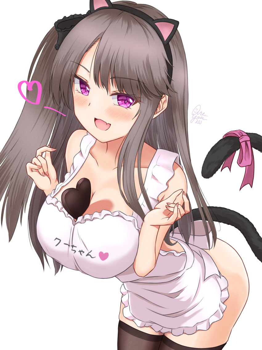 1girl animal_ears apron are_you_333 ass azur_lane bare_shoulders blush bow breast_hold breasts breasts_squeezed_together brown_hair cat_ears cat_girl cat_tail chocolate chocolate_on_body chocolate_on_breasts commentary_request cowboy_shot food_between_breasts food_on_body frilled_apron frills hair_over_one_eye heart highres large_breasts leaning_forward long_hair naked_apron no_bra no_panties pamiat_merkuria_(azur_lane) pamiat_merkuria_(mercurial_chocolate_love)_(azur_lane) pink_bow pink_eyes side_ponytail skindentation solo spoken_heart tail tail_bow tail_ornament thighhighs translation_request valentine very_long_hair w_arms white_apron