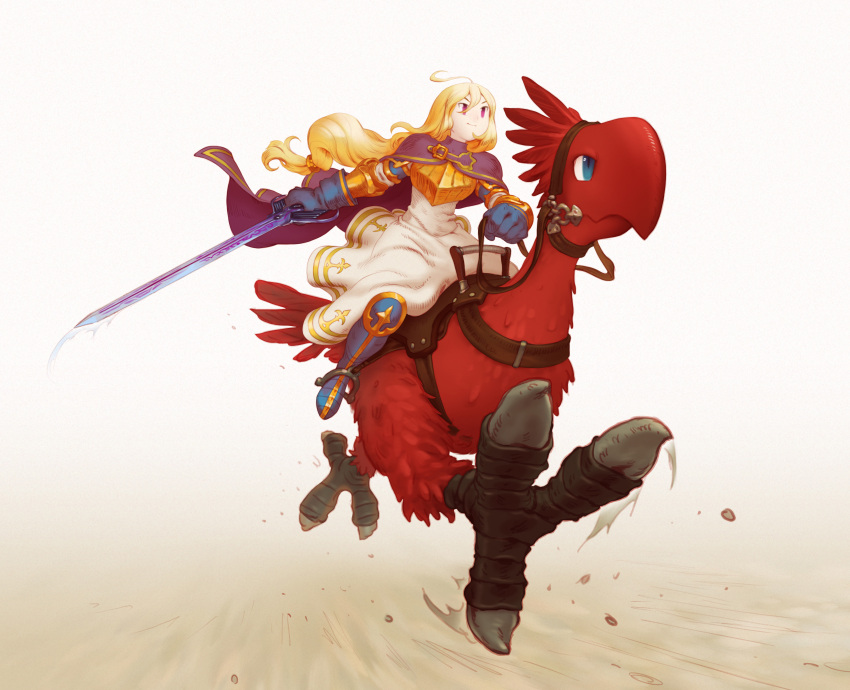 1girl absurdres ahoge artist_request beak bird blonde_hair blue_cape blue_eyes blue_gloves boots cape chocobo commission feathers final_fantasy final_fantasy_tactics gloves highres holding holding_reins holding_sword holding_weapon long_hair ovelia_atkascha purple_eyes red_feathers reins riding riding_animal riding_bird saddle smile source_request sword talons third-party_source weapon