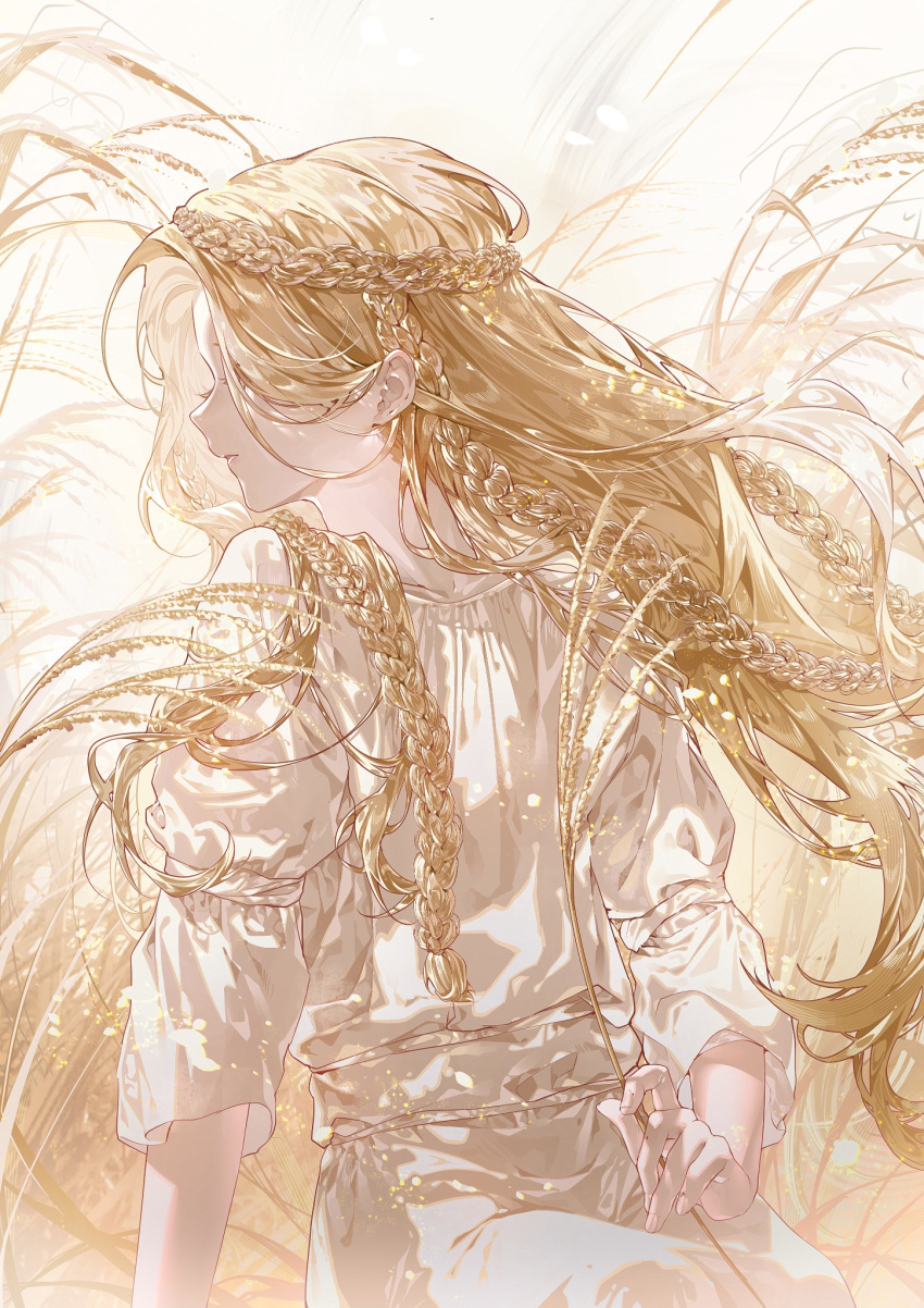 1boy blonde_hair braid cuso4_suiwabutu dress elden_ring flower highres long_hair miquella_(elden_ring) otoko_no_ko robe sleeveless_tunic white_tunic