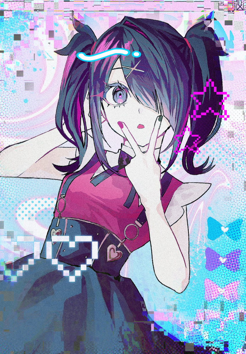 1girl ame-chan_(needy_girl_overdose) arm_behind_head black_hair black_nails black_ribbon black_skirt blue_bow bow collared_shirt commentary cowboy_shot glitch hair_ornament hair_over_one_eye hands_up heart highres long_hair looking_at_viewer nail_polish neck_ribbon needy_girl_overdose open_mouth pink_bow purple_bow red_nails red_shirt ribbon saki_(sa_saki414) shirt skirt solo standing star_(symbol) suspender_skirt suspenders symbol-only_commentary twintails v_over_mouth window_(computing) x_hair_ornament