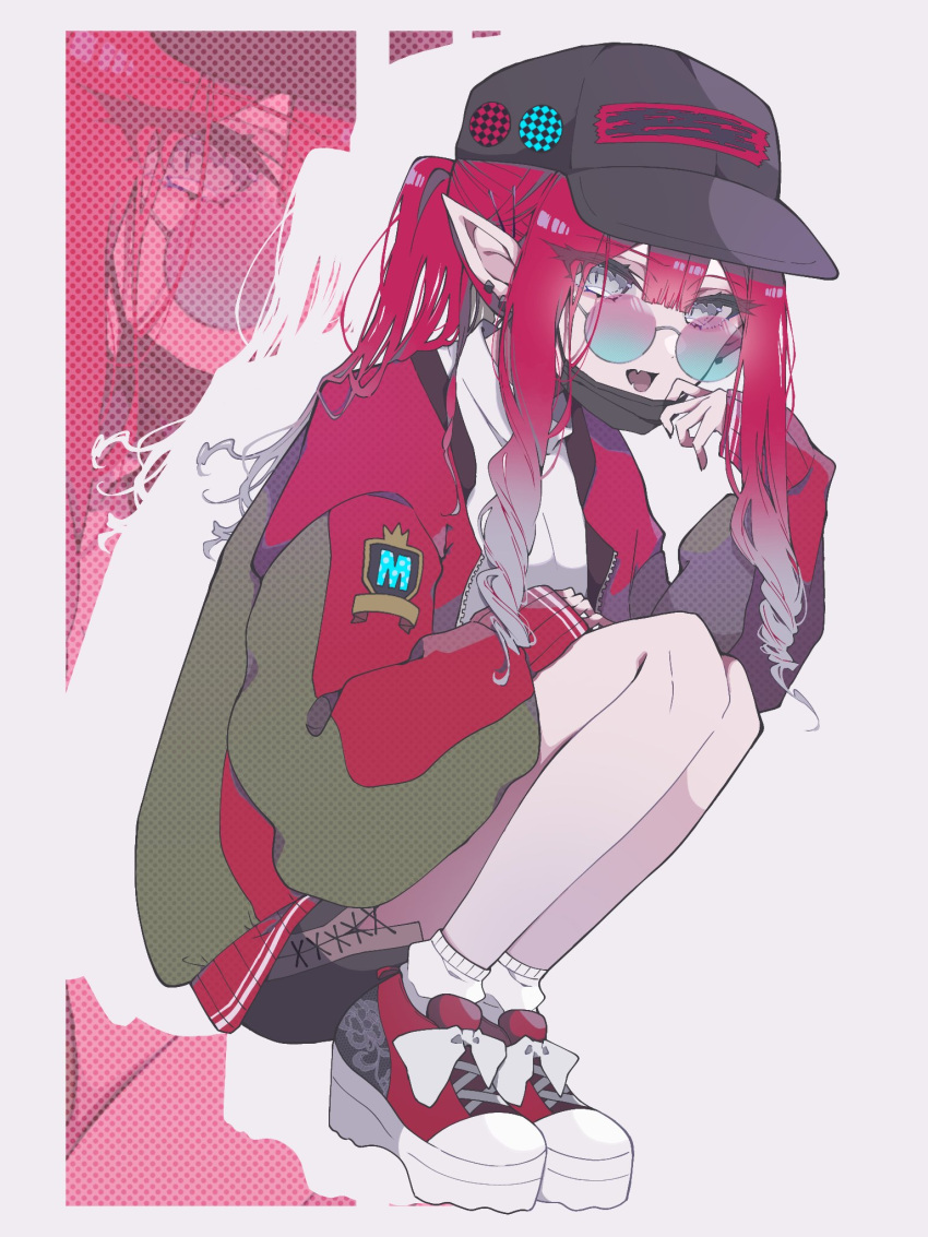 1girl baobhan_sith_(fate) baseball_cap black_headwear black_shorts breasts fate/grand_order fate_(series) grey_eyes hat highres i10_ksw jacket large_breasts long_hair long_sleeves looking_at_viewer mask mouth_mask open_mouth pink_hair pointy_ears ponytail round_eyewear shoes shorts sidelocks sneakers solo squatting sunglasses