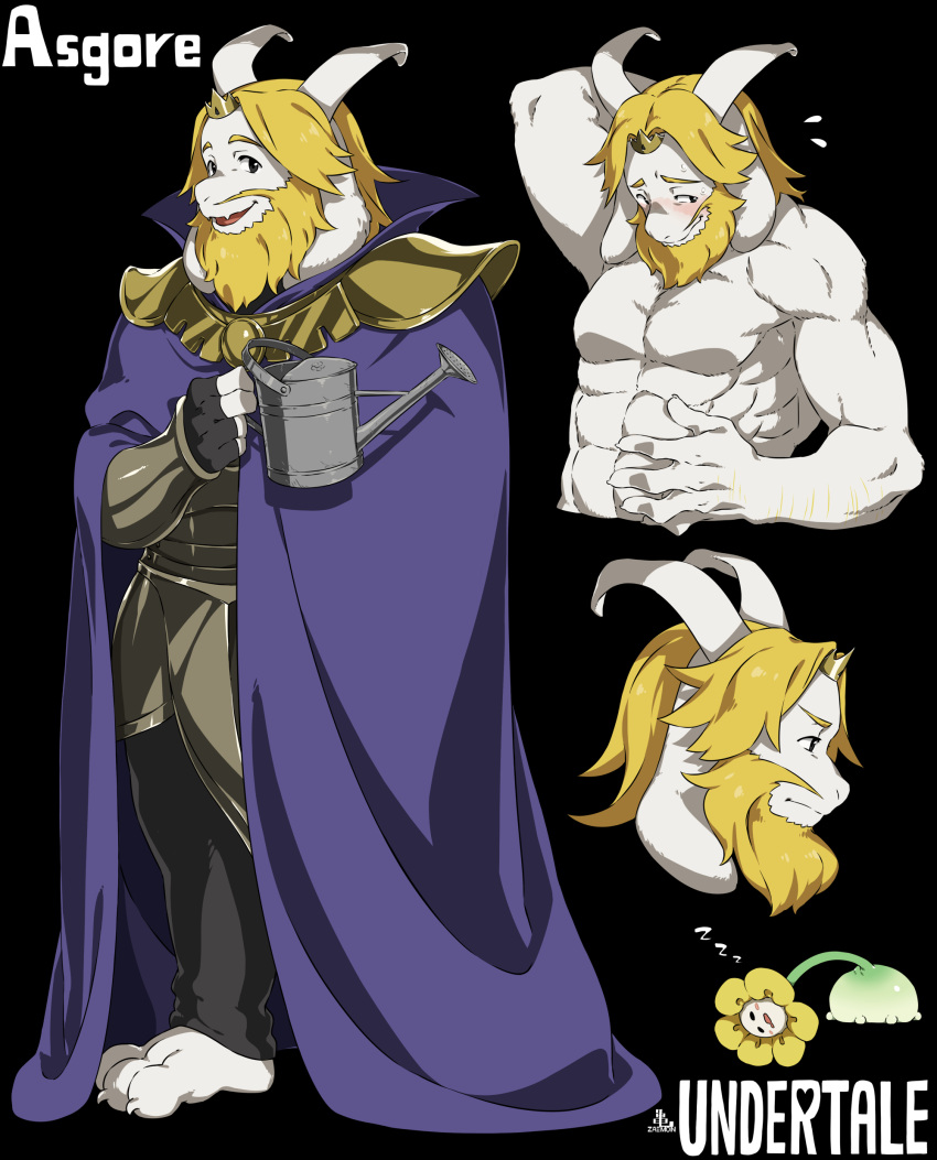 1boy absurdres animal_ears arm_behind_head armor asgore_dreemurr barefoot beard black_background black_eyes black_gloves black_pants blonde_hair blush body_fur cel_shading character_name cloak collared_cloak commentary copyright_name cropped_torso crown facial_hair fangs faulds fewer_digits fingerless_gloves floppy_ears flower flowey_(undertale) flying_sweatdrops from_side full_body furry furry_male gloves goat_boy goat_ears goat_horns hand_on_own_stomach highres holding holding_watering_can horns kamezaemon looking_at_viewer male_focus multiple_views muscular muscular_male open_mouth pants parted_bangs purple_cloak short_hair shy simple_background skin_fangs smile sweat topless_male undertale vambraces watering_can white_fur yellow_flower