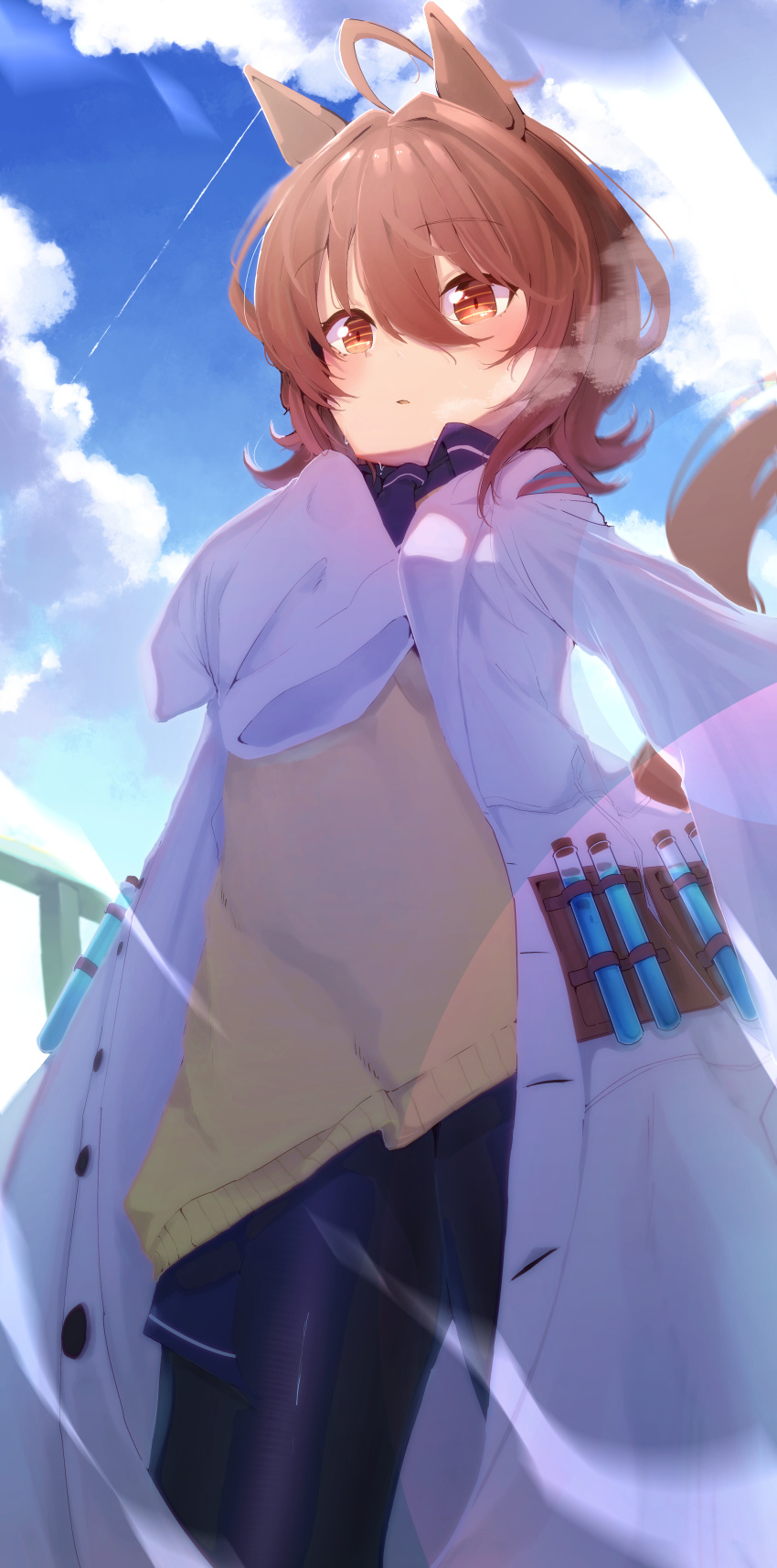 1girl absurdres agnes_tachyon_(umamusume) ahoge animal_ears bandolier black_pantyhose black_shirt blue_sky blush brown_hair cloud cloudy_sky coat collarbone commentary_request cork corked_bottle cowboy_shot gorioshi0802 hair_between_eyes highres horse_ears horse_girl horse_tail lab_coat messy_hair open_clothes open_coat open_mouth outdoors pantyhose red_eyes shirt short_hair sky sleeves_past_fingers sleeves_past_wrists smile solo sweater_vest tail test_tube umamusume very_long_sleeves white_coat yellow_sweater_vest