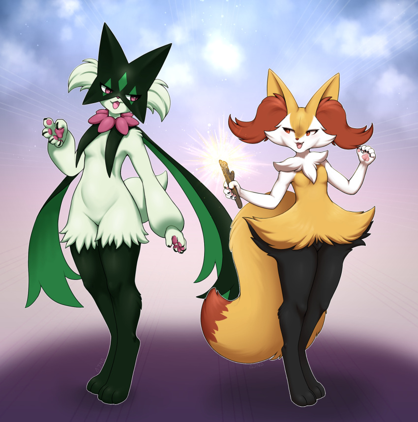 ajna anthro braixen canid canine domestic_cat felid feline felis female fennec_fox fox furry generation_6_pokemon generation_9_pokemon hi_res mammal meowscarada nintendo pinup pokemon pokemon_(species) pose sapphic true_fox wide_hips