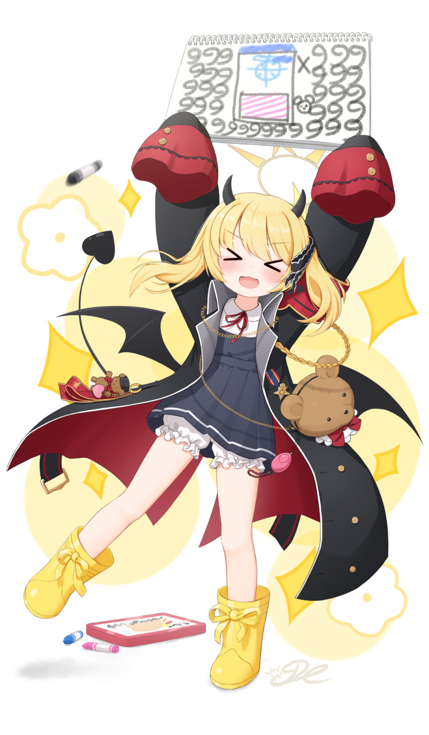 &gt;_&lt; 1girl :3 armband arms_up black_coat black_horns black_tail black_wings blonde_hair bloomers blue_archive blush chain coat commentary_request crime_prevention_buzzer demon_horns demon_tail demon_wings dress facing_viewer fang full_body halo highres holding horns ibuki_(blue_archive) j2l leg_up long_hair low_wings open_mouth pinafore_dress red_armband red_ribbon ribbon sidelocks sleeveless sleeveless_dress sleeves_past_fingers sleeves_past_wrists smile solo sparkle standing standing_on_one_leg tail white_background white_bloomers wings yellow_footwear yellow_halo