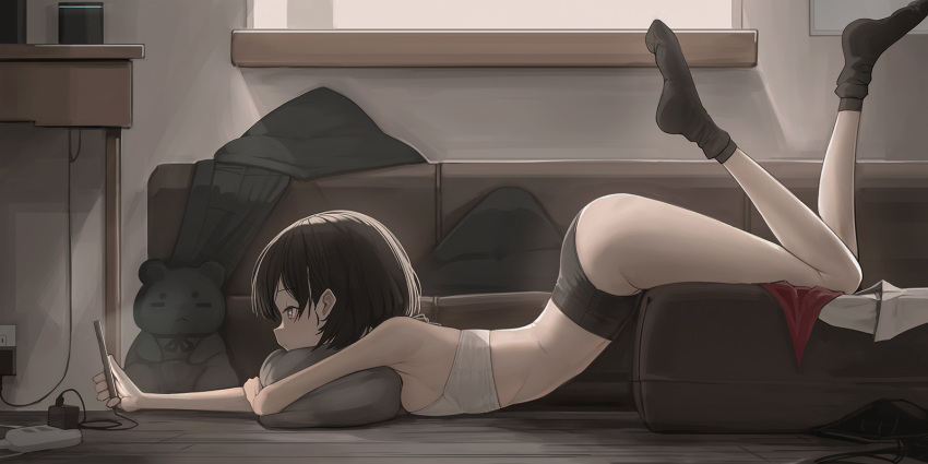 1girl arched_back ass black_hair black_panties black_socks bra breast_press breasts cellphone charger charging_device couch electrical_outlet feet_up from_side genek highres hugging_object indoors looking_at_phone lying on_stomach original panties phone pillow pillow_hug short_hair sideboob small_breasts smartphone socks solo stuffed_animal stuffed_toy teddy_bear top-down_bottom-up underwear unworn_clothes white_bra