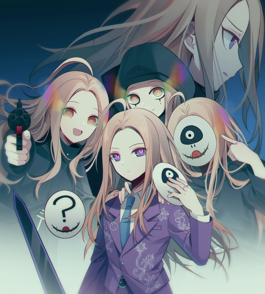 5boys :d ? ahoge aiming aiming_at_viewer black_coat black_eyeliner blonde_hair blue_necktie brown_eyes closed_mouth coat collared_shirt covered_face cropped_torso empty_eyes eye_trail eyeliner furrowed_brow gun hand_up highres holding holding_gun holding_mask holding_weapon hood hood_up jacket jewelry light_trail long_hair long_sleeves looking_at_viewer makeup makoto_kagutsuchi male_focus mask master_detective_archives:_rain_code multiple_boys multiple_persona necktie open_mouth pants pointing pointing_at_self pointing_at_viewer pointing_gun profile purple_eyes purple_jacket purple_pants qiao_xing ring shirt smile spoilers sword unworn_mask upper_body weapon white_shirt