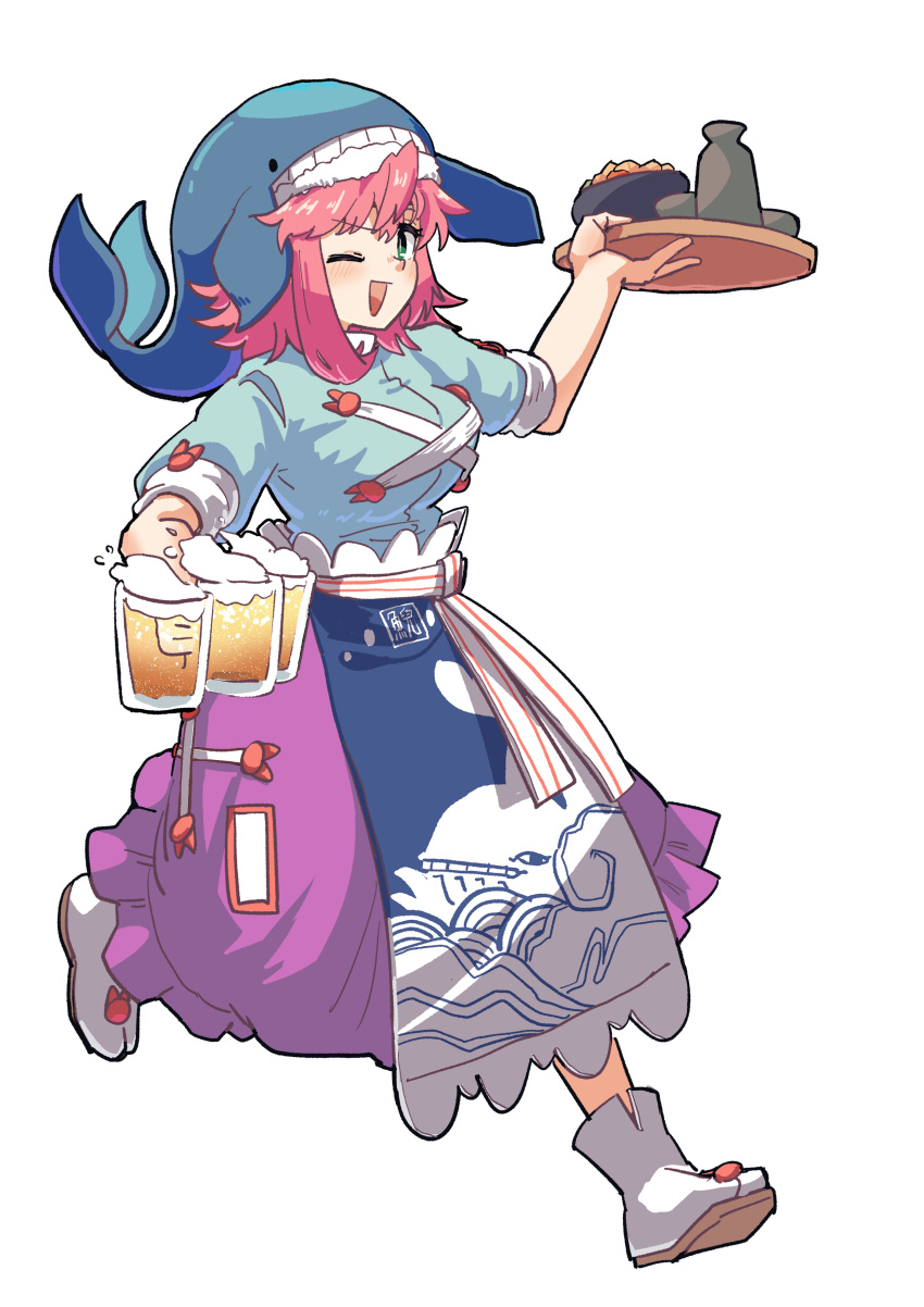 1girl absurdres alcohol apron beer beer_mug blue_apron blue_headwear blue_shirt blush breasts brown_footwear choko_(cup) commentary_request cup full_body green_eyes highres large_breasts leftame looking_at_viewer medium_bangs medium_hair mug okunoda_miyoi one_eye_closed open_mouth pink_hair pink_skirt running sandals shirt short_sleeves simple_background skirt smile socks solo tabi tokkuri touhou transparent_background whale_hat white_socks