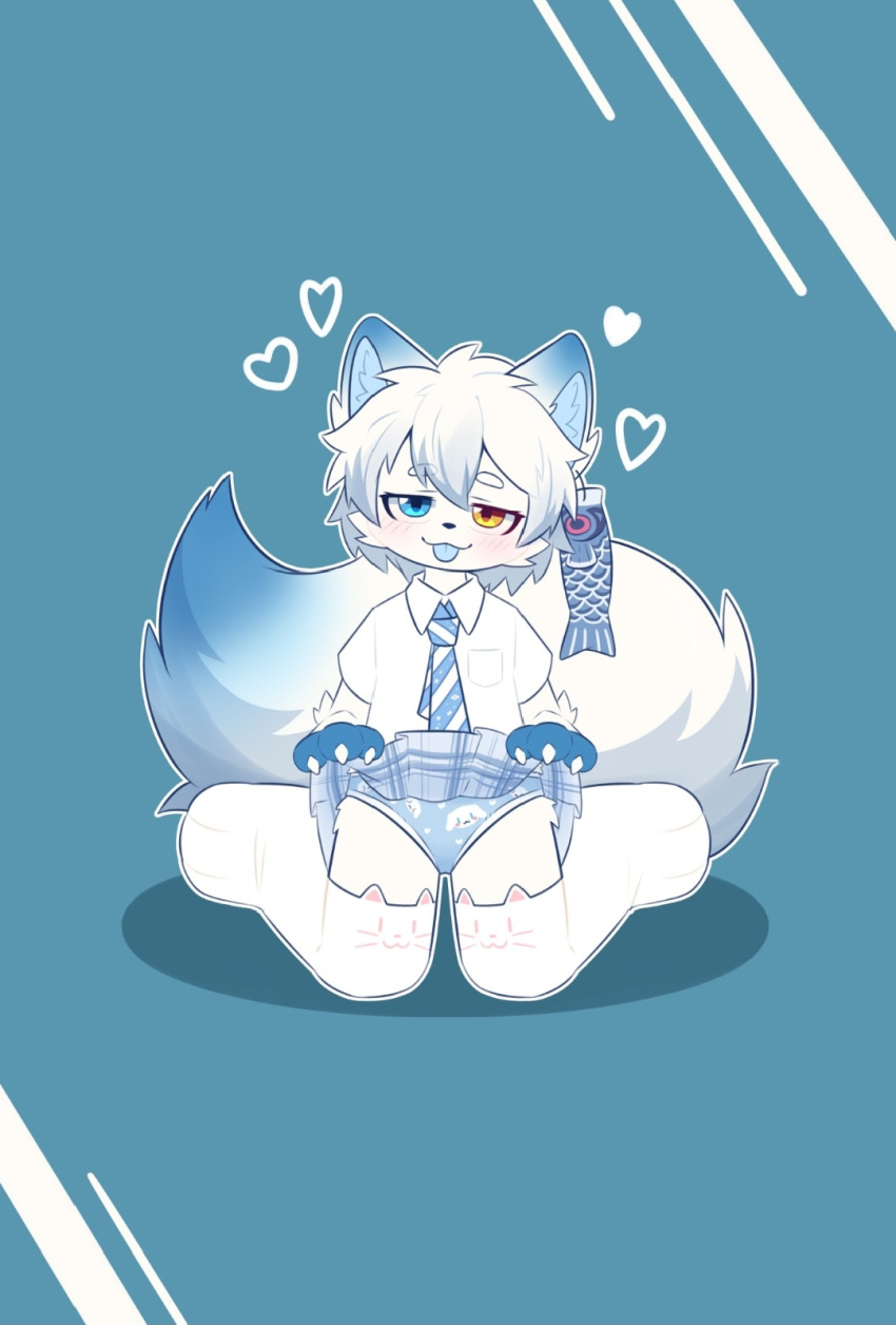 ambiguous_gender anthro blue_bottomwear blue_clothing blue_panties blue_skirt blue_underwear bottomwear canid canine childish_panties cinnamon_(cinnamoroll) cinnamoroll clothing fox fur hi_res legwear mammal necktie panties sanrio skirt solo thigh_highs tongue tongue_out underwear white_body white_fur