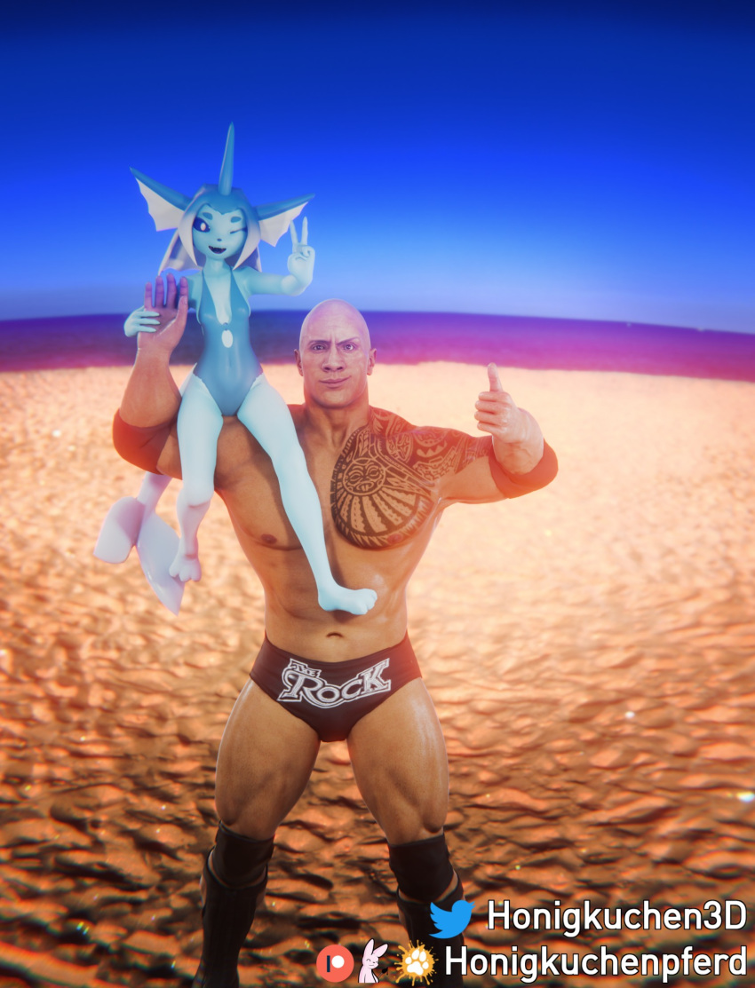 3d_(artwork) anthro athletic bald beach clothing digital_media_(artwork) dwayne_johnson eeveelution female generation_1_pokemon gesture hand_gesture hi_res honigkuchenpferd human male mammal nintendo one_eye_closed pokemon pokemon_(species) pose posing_for_picture size_difference swimwear tail tattoo thumbs_up v_sign vaporeon wink