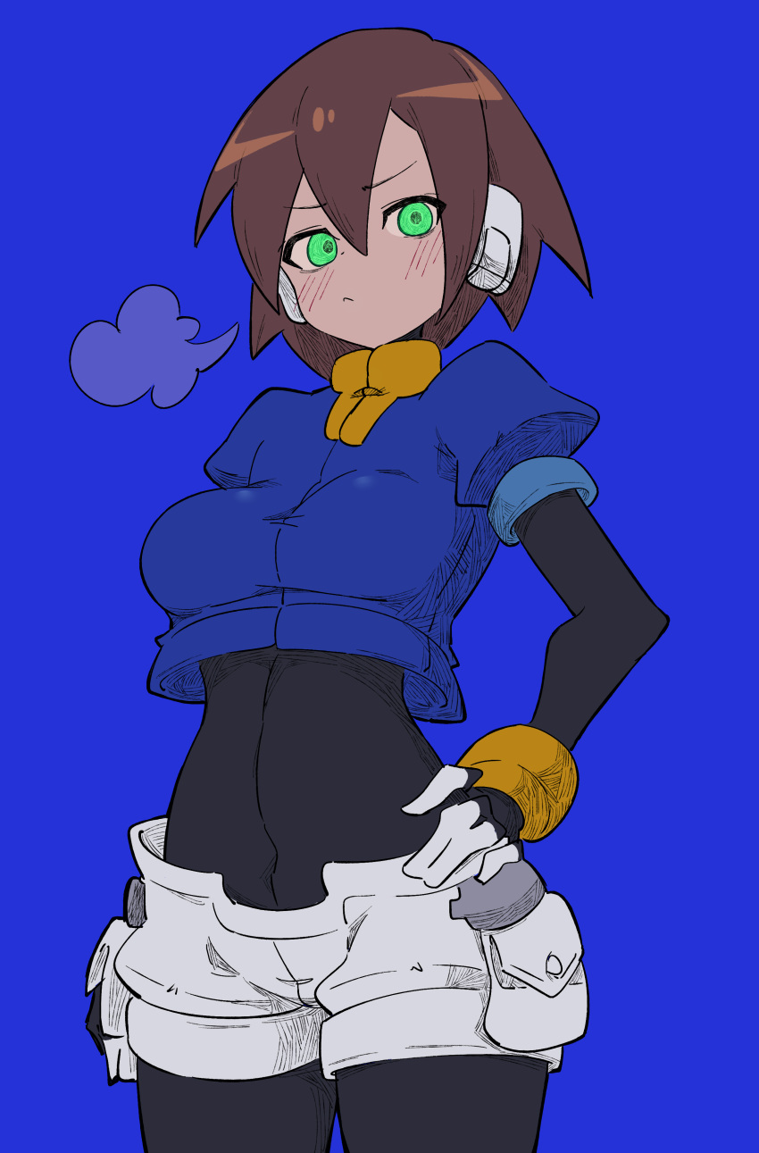 1girl absurdres aile_(mega_man_zx) black_bodysuit blue_background blush bodysuit bodysuit_under_clothes brown_hair buzzlyears cropped_jacket glowing glowing_eyes green_eyes highres mega_man_(series) mega_man_zx robot_ears short_hair shorts simple_background solo upper_body white_shorts