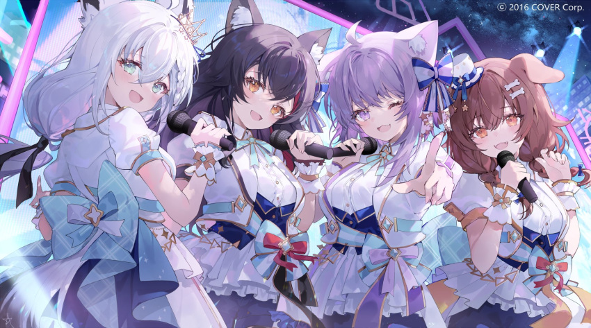 4girls :3 :d ahoge animal_ear_fluff animal_ear_piercing animal_ears aqua_bow aqua_bowtie aqua_eyes aqua_sash back_bow black_hair black_ribbon blue_bow blue_corset blue_shorts bone_hair_ornament bow bowtie braid brown_eyes brown_hair cat_ears cat_girl collared_shirt commentary_request concert copyright_notice corset crossed_bangs dog_ears dog_girl double-parted_bangs fangs fox_ears fox_girl fox_tail gold_trim hair_between_eyes hair_bow hair_ornament hair_over_shoulder hair_ribbon hairclip hands_up hat highres holding holding_microphone hololive hololive_gamers hololive_idol_uniform_(bright) inugami_korone jacket knees_out_of_frame large_bow layered_skirt long_hair looking_at_viewer low_ponytail low_twin_braids medium_hair messy_hair microphone mini_hat mini_tiara mini_top_hat multicolored_hair multiple_girls nekomata_okayu night official_alternate_costume official_art one_eye_closed ookami_mio outdoors overskirt pentagram pointing pointing_at_viewer puffy_short_sleeves puffy_sleeves purple_eyes purple_hair red_hair ribbon screen screen_zoom shiohana shirakami_fubuki shirt short_sleeves shorts side_braid skirt smile stage stage_lights streaked_hair tail top_hat twin_braids underbust virtual_youtuber white_hair white_jacket white_shirt white_skirt white_wrist_cuffs wolf_ears wolf_girl wrist_cuffs yellow_eyes