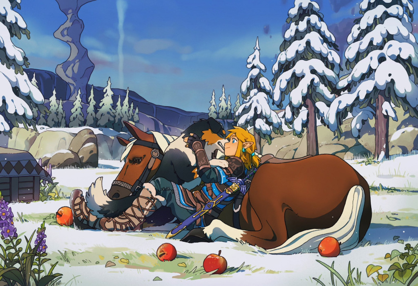 1boy animal_on_lap apple blonde_hair blue_eyes day dog food from_side fruit full_body highres horse jewelry jidu_que_mi_de_xiao_caocao leaning_back leaning_on_animal link male_focus master_sword on_lap outdoors pine_tree pointy_ears profile short_hair short_ponytail sitting smile smokestack snow solo sword the_legend_of_zelda the_legend_of_zelda:_tears_of_the_kingdom tree weapon winter winter_clothes