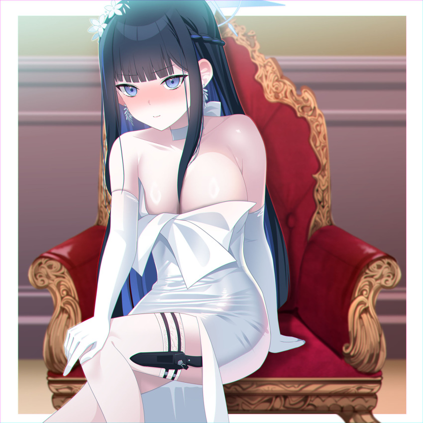 1girl black_hair blue_archive blue_eyes blue_hair blue_halo blush breasts chair choker closed_mouth collarbone colored_inner_hair dress eko elbow_gloves gloves hair_between_breasts halo highres large_breasts long_hair looking_at_viewer multicolored_hair official_alternate_costume saori_(blue_archive) saori_(dress)_(blue_archive) sitting solo white_choker white_dress white_gloves