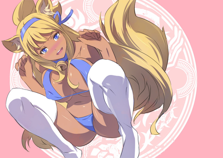 2012 5_fingers accessory akira02 animal_humanoid bell bell_collar bikini blonde_hair blush breasts canid canid_humanoid canine canine_humanoid clothing collar female fingers footwear fox_humanoid hair hair_accessory hair_ribbon humanoid kouretsuken_mahiru legwear mammal mammal_humanoid navel open_mouth paw_pose pink_background pose ribbons shinrabanshou simple_background socks solo swimwear thigh_highs thigh_socks