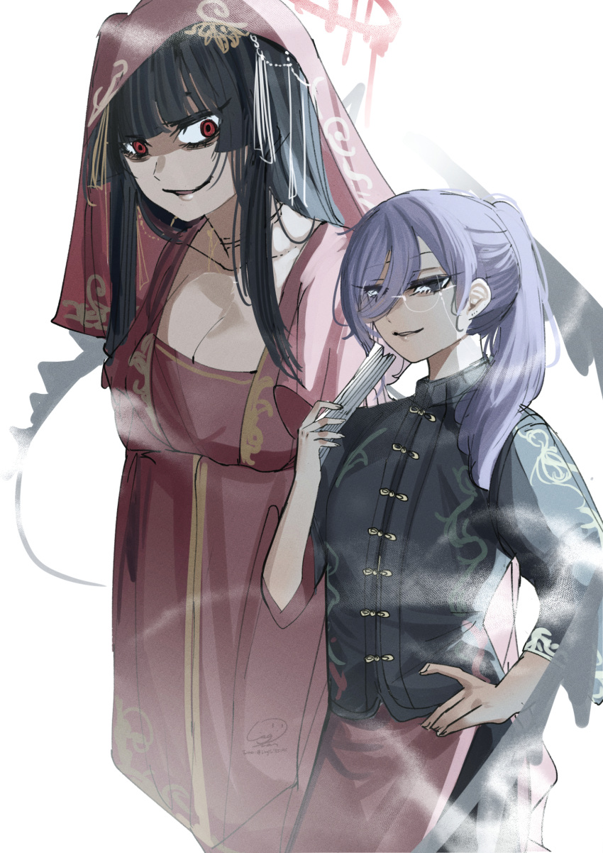 :d black_hair black_wings blue_archive breasts chinese_clothes cleavage female_sensei_(blue_archive) glasses halo hand_fan hand_on_own_hip highres holding holding_fan liang_yuan long_hair looking_at_viewer open_mouth ponytail purple_eyes purple_hair red_eyes sensei_(blue_archive) simple_background smile tsurugi_(blue_archive) veil white_background wings