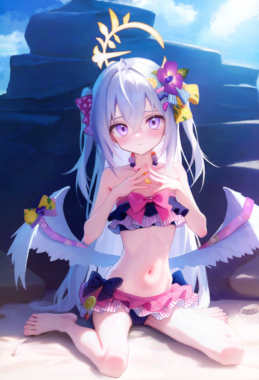 1girl absurdres azusa_(blue_archive) azusa_(swimsuit)_(blue_archive) barefoot bikini blue_archive blush breasts closed_mouth commentary_request crossed_bangs feathered_wings frilled_bikini frills full_body h.yasai hair_between_eyes halo highres long_hair looking_at_viewer low_wings multicolored_bikini multicolored_clothes navel official_alternate_costume purple_eyes sitting small_breasts solo swimsuit toes very_long_hair wariza white_wings wings yellow_halo