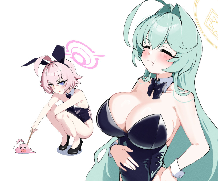 2girls ahoge animal_ears ass black_footwear black_leotard blue_archive blue_eyes blush breasts detached_collar fake_animal_ears flat_chest gen_(unzzenasd) green_hair hair_between_eyes halo heterochromia high_heels highres hoshino_(blue_archive) hoshino_(young)_(blue_archive) huge_ahoge large_breasts leotard long_hair multiple_girls open_mouth pink_hair pink_halo rabbit_ears short_hair simple_background squatting strapless strapless_leotard white_background wrist_cuffs yellow_eyes yellow_halo yume_(blue_archive)