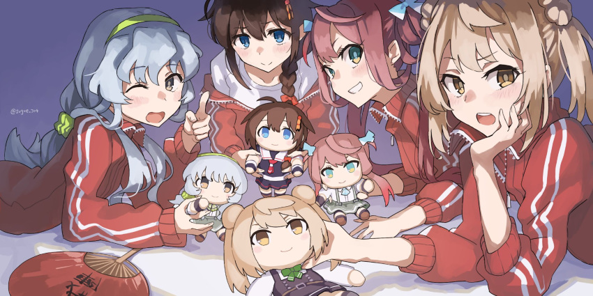 4girls ahoge alternate_costume asagumo_(kancolle) black_hair blue_eyes braid brown_eyes brown_hair character_doll double_bun green_hairband grey_eyes grey_hair grin hair_bun hair_flaps hair_over_shoulder hair_ribbon hairband hand_fan highres jacket kantai_collection light_brown_hair long_hair looking_at_viewer lying medium_hair meta michishio_(kancolle) multiple_girls on_stomach one_eye_closed open_mouth pants paper_fan red_jacket red_pants ribbon shigure_(kancolle) single_braid smile sugue_tettou track_jacket track_pants track_suit twintails uchiwa wavy_hair yamagumo_(kancolle)