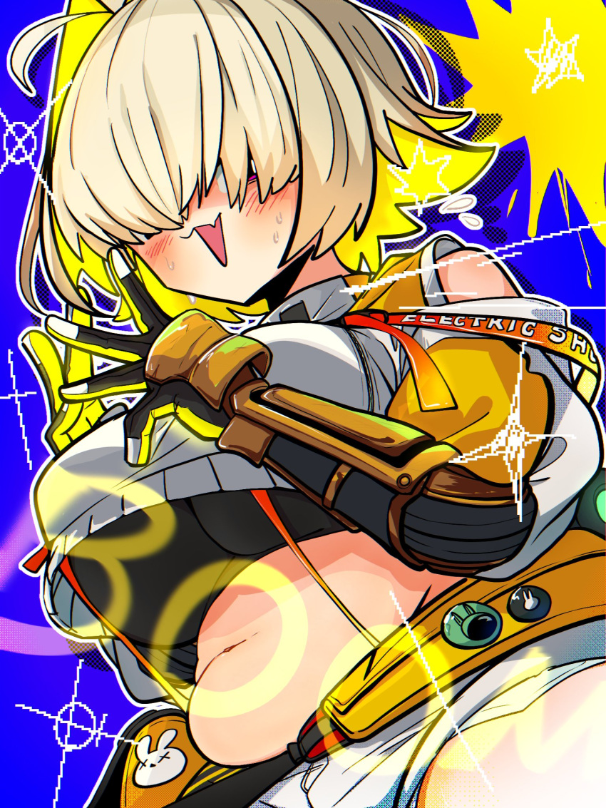 1girl ahoge bare_shoulders blonde_hair blue_background blush breasts commentary_request elegg_(nikke) exposed_pocket fang gloves goddess_of_victory:_nikke hair_intakes hair_over_eyes highres large_breasts long_bangs looking_at_viewer medium_hair mukkusan multicolored_hair navel open_hands open_mouth plump shorts skin_fang solo suspender_shorts suspenders sweat two-tone_hair upper_body