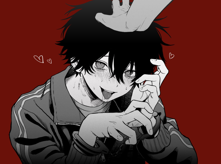 1boy 1other absurdres blood blood_on_hands cuffs greyscale hair_between_eyes hand_on_another's_head handcuffs heart highres imai_akira jacket long_sleeves looking_at_viewer male_focus monochrome open_mouth original red_background saliva simple_background spot_color sweat tears tongue tongue_out upper_body