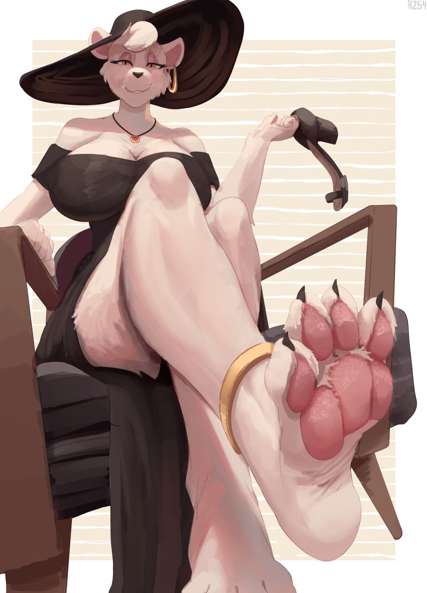 2024 4_toes absurd_res anklet anthro claws clothed clothing digital_media_(artwork) eyelashes feet female finger_claws foot_focus footwear hat headgear headwear hi_res jewelry mammal pawpads rz54 simple_background solo toe_claws toes