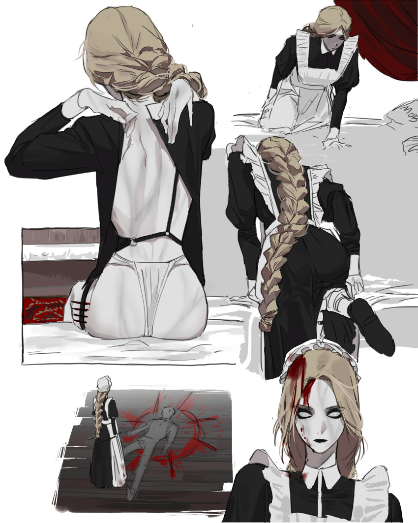 1girl absurdres alternate_costume apron arm_support baldur's_gate baldur's_gate_3 bare_back bed black_dress black_eyeshadow black_lips blonde_hair blood blood_in_hair blood_on_clothes blood_on_face blood_splatter braid colored_skin commentary contemporary corpse dress dressing dungeons_and_dragons enmaided expressionless eyeshadow facing_away from_behind highres leaning_forward leg_up long_hair looking_at_viewer low-braided_long_hair maid maid_apron maid_headdress makeup multiple_views orin_the_red panties putting_on_legwear single_braid sitting sketch ssyung standing symbol-only_commentary underwear white_apron white_eyes white_panties white_skin