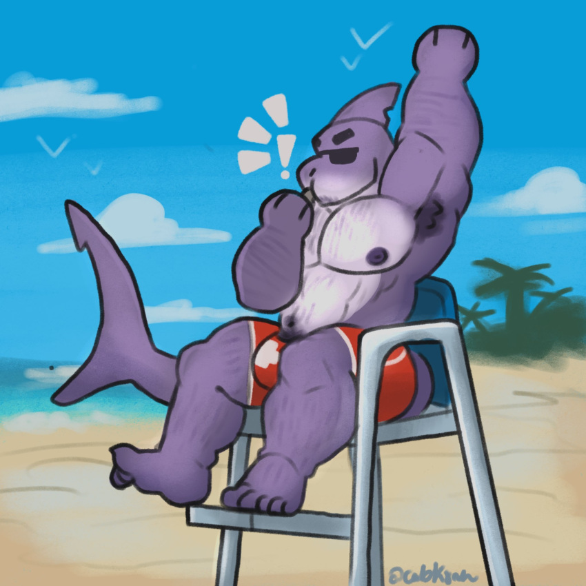 1:1 anthro armpit_hair beach body_hair bottomwear bulge clothing cubkyah eyewear fish gael_(audaz) hi_res male marine muscular muscular_male nipples non-mammal_nipples purple_body shark shorts solo sunglasses tagme whistle_(object)