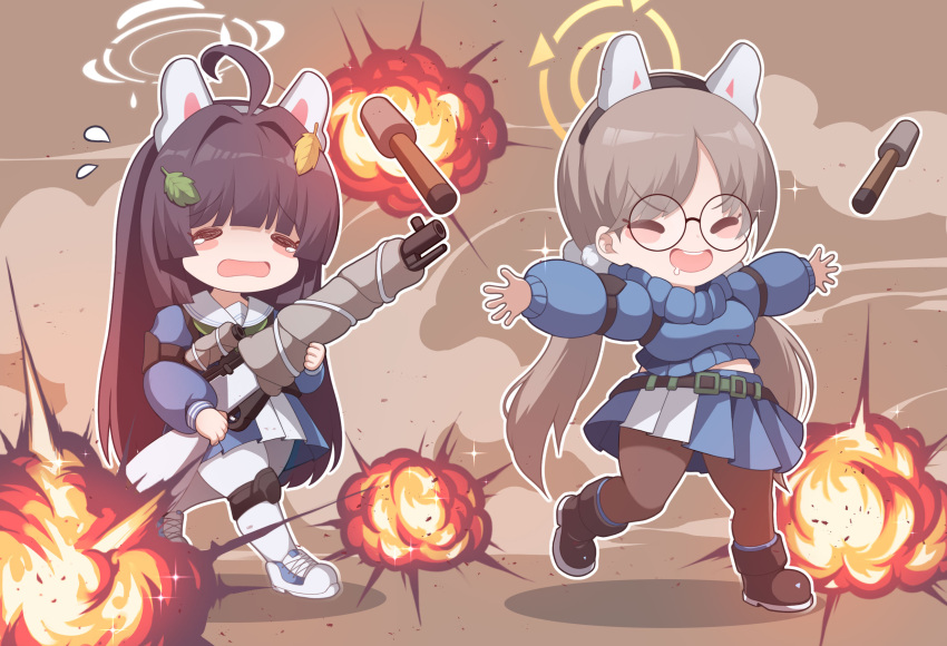 2girls animal_ears black_footwear black_hair black_pantyhose blue_archive blue_serafuku blue_skirt blush_stickers breasts chibi closed_eyes commentary english_commentary explosion fake_animal_ears fuyu_no_usagi glasses green_neckerchief grey_hair gun halo headgear highres holding holding_gun holding_weapon large_breasts long_hair long_sleeves miniskirt miyu_(blue_archive) moe_(blue_archive) multiple_girls neckerchief open_mouth outstretched_arms pantyhose pleated_skirt puffy_long_sleeves puffy_sleeves rabbit_ears round_eyewear sailor_collar school_uniform serafuku shoes skirt sneakers spread_arms tears teeth twintails upper_teeth_only very_long_hair weapon white_footwear white_halo white_pantyhose white_sailor_collar yellow_halo