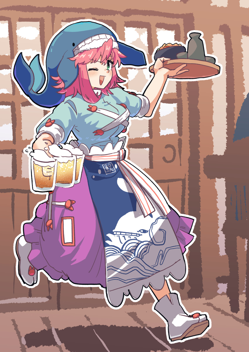 1girl absurdres alcohol apron beer beer_mug blue_apron blue_headwear blue_shirt blush breasts brown_footwear choko_(cup) commentary_request cup full_body green_eyes highres indoors large_breasts leftame looking_at_viewer medium_bangs medium_hair mug okunoda_miyoi one_eye_closed open_mouth outline pink_hair pink_skirt running sandals shirt short_sleeves shouji skirt sliding_doors smile socks solo tabi tokkuri touhou whale_hat white_outline white_socks