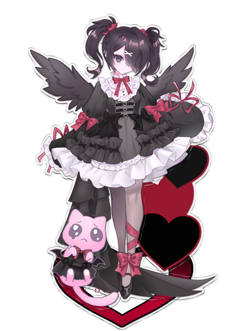 1girl absurdres acrylic_stand ame-chan_(needy_girl_overdose) animal black_dress black_eyes black_footwear black_hair black_wings bow cat closed_mouth clothed_animal commentary_request dress emoji feathered_wings frilled_dress frills full_body gothic_lolita hair_over_one_eye highres lolita_fashion long_hair long_sleeves mew_(mewrurirun) needy_girl_overdose pantyhose pien_cat_(needy_girl_overdose) pleading_face_emoji puffy_long_sleeves puffy_sleeves red_bow red_ribbon ribbon shoes solo standing twintails white_background wings