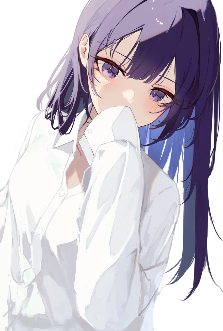 1girl absurdres blue_hair collared_shirt commentary_request covered_mouth dress_shirt hair_between_eyes hand_up highres long_hair long_sleeves looking_at_viewer mayogii multicolored_hair original purple_eyes purple_hair shirt simple_background sleeves_past_fingers sleeves_past_wrists solo two-tone_hair upper_body very_long_hair white_background white_shirt