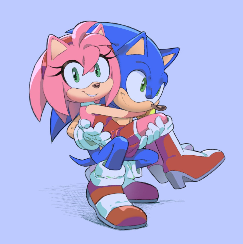 1boy 1girl amy_rose animal_ears blue_fur boots carrying dress furry furry_female furry_male gloves green_eyes grey_background highres pink_fur princess_carry red_dress red_footwear shira-hedgie shoes simple_background sleeveless sleeveless_dress sonic_(series) sonic_the_hedgehog squatting tail two-tone_footwear white_footwear white_gloves