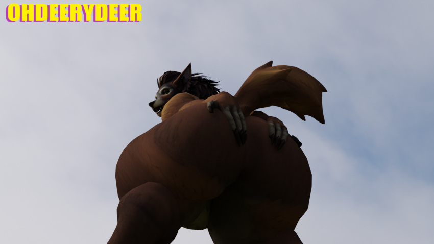 16:9 anthro big_butt blender_(software) blizzard_entertainment brown_body brown_fur butt canid female fur happy hi_res looking_down mammal ohdeerydeer overweight sky solo spread_butt spreading tail tail_motion tailwag thick_thighs warcraft were werecanid widescreen worgen